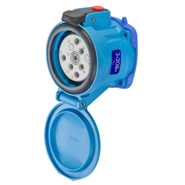63-64163-973-843-NC - DSN60 RECEPTACLE POLY BLUE SIZE 3 TYPE 4X IP 69 3P+G 60A 208 VAC 60 Hz +3 AUX PADLOCK PAWL NORMALLY CLOSED LID